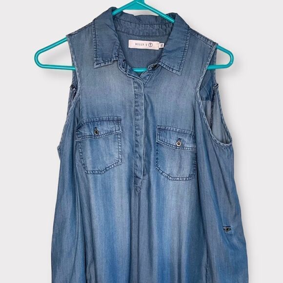 New Billy T Chambray Blue Denim Jean‎ Shirt Dress Cold Shoulder Lightweight - Picture 8 of 9